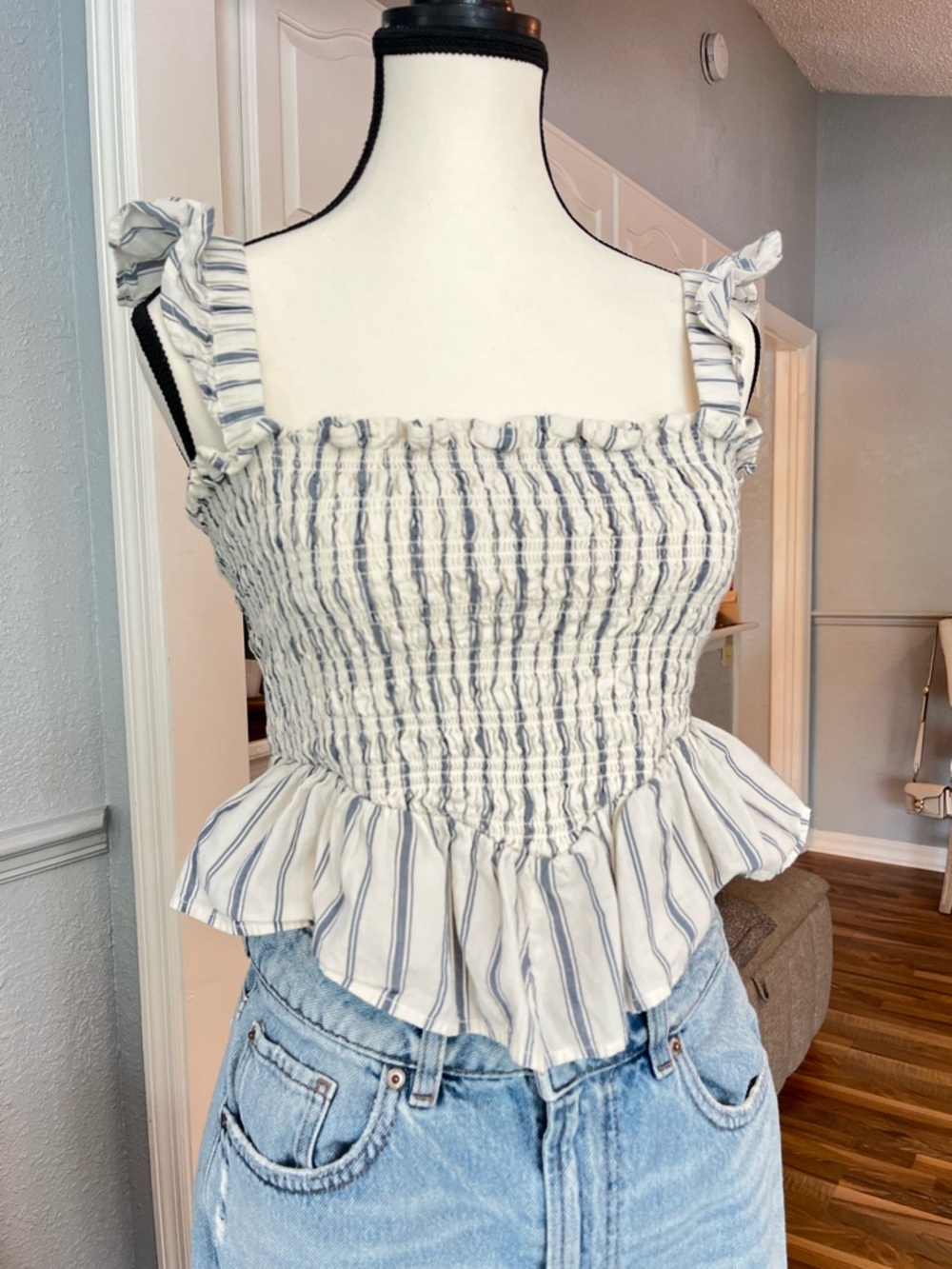 American Eagle Outfitters White and Blue Striped Ruffle Smocked Cami